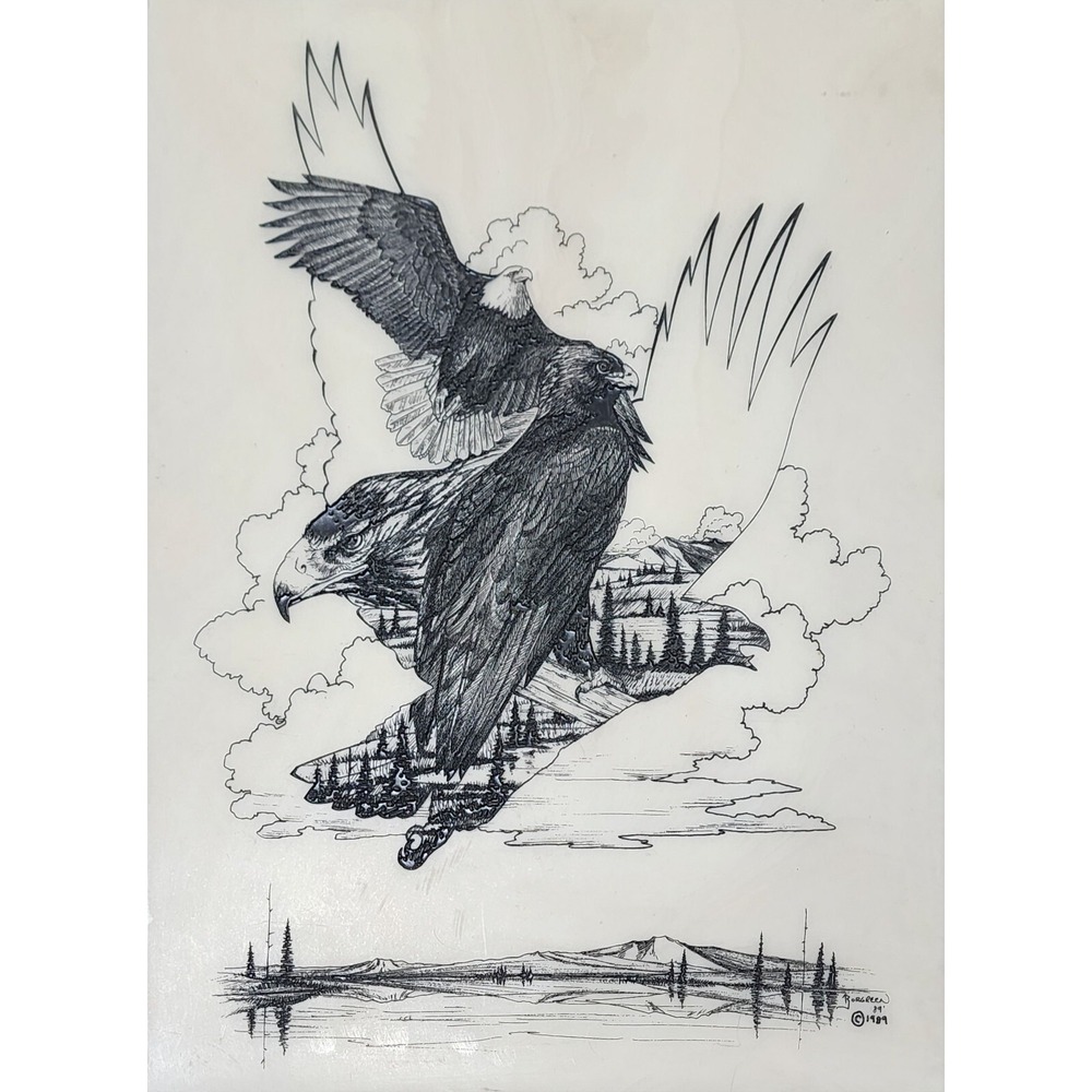 Vintage Etched Art Plaque Marble Tile Eagles Artist Jim Borgreen 1989 8"x 11"